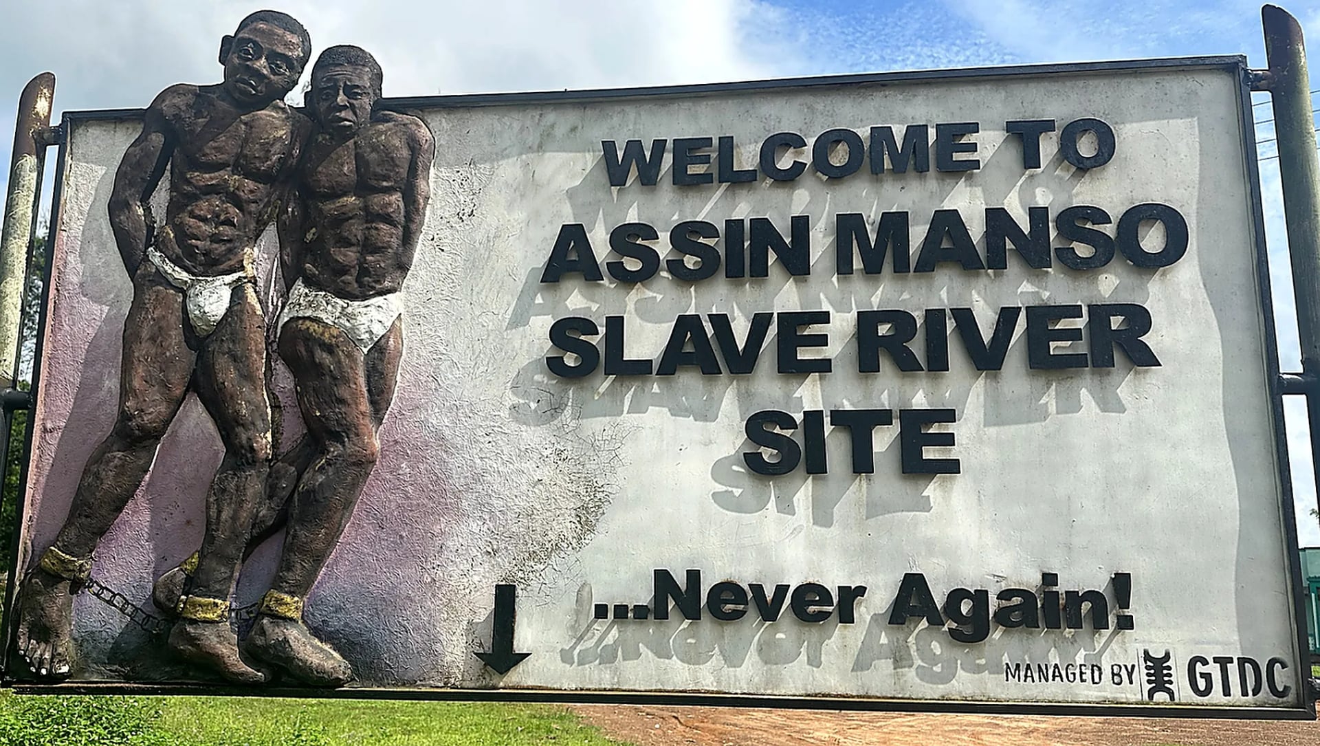 Welcome sign at Assin Manso Slave River Site
